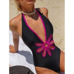 Swim Mod Women's Color-Block Halter One-Piece Swimsuit With Open Back, Perfect F